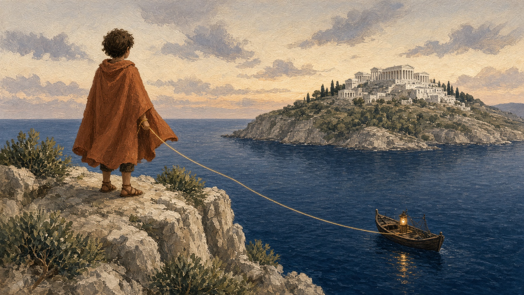 Un enfant de dos, manteau terre cuite, regarde la mer du soir et des temples blancs sur la colline.